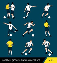 Vector silhouettes of football players on a dark background. Graphic simplified style. Different silhouettes of football players and football referee. Football vector set.