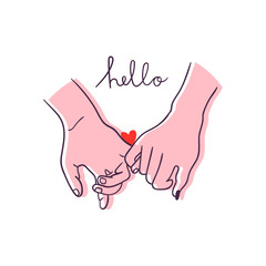 Hello. One line hand drawn holding hands. Saint Valentine's day colored vector illustration