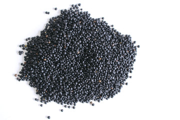 Lentil beluga. Black Lentils.Isolated on the white background. Just like the red lens, it does not need to soak it.