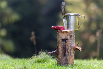 Close-up composition of folding pocket knife stuck vertically in tree stump, sausage and tin mug...