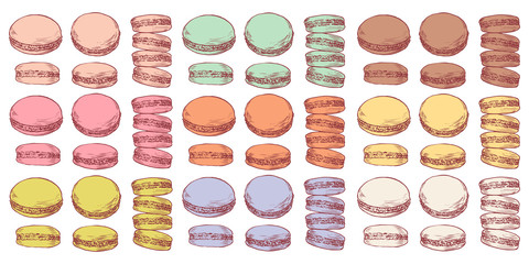 Set of delicious hand drawn french macarons in different positions and colors. Engraving style pen pencil painting retro vintage vector lineart colored illustration. Sweet cookies.