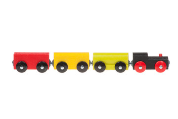 Colorful wooden toy train, isolated on white background