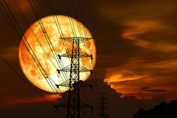 super blood moon back silhouette power electric pole night red heap cloud on sky