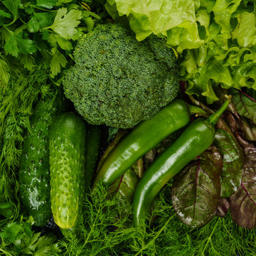 fresh green different vegetables. vegetables background