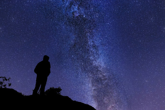 Silhouette of a man watching the Milky way and the Stars