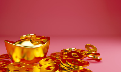 Chinese New Year greeting design template with chinese golden ingots and mandarins on red seigaiha pattern. Character on ingots mean Good fortune (Hieroglyph Fu). 3D Rendering illustration.