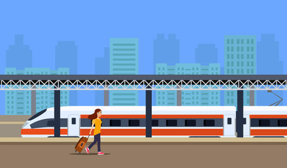 Locomotive and passengers on platform. Vector flat illustration