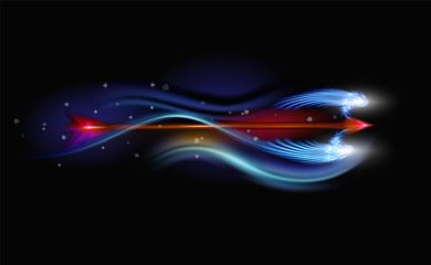 Glowing fantasy red arrow of Cupid, gives ardent love. Amur festive attribute of Valentines day, illuminated with luxury glow on a black background. Colorful design vector illustration