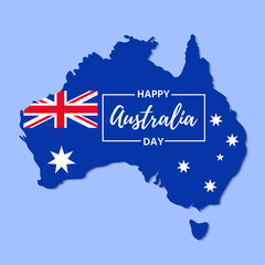Australia Day. Vector. Banner for Happy Australia Day with Australian map and flag. Greeting card, poster, holiday background template. Colorful illustration.