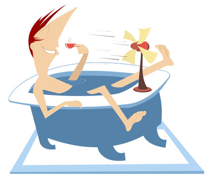 Man bathtub, tabletop fan, fresh coffee and air illustration. Comic man lies in the bathtub, has coffee and takes a fresh air delight from the tabletop fan
