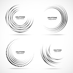 Halftone circular vortex dotted frame set. Circle swirl dots isolated on white background. Logo design element for technology, medical, treatment. Round border using halftone circle dots texture.  © Bank Design Elements
