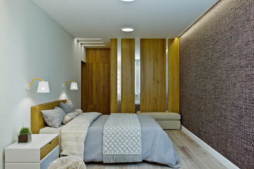 Modern bedroom interior in warm colors with wood paneling.