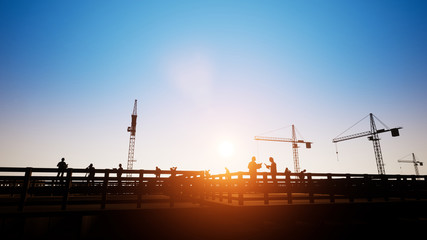Engineers, construction workers and cranes in silhouette 3d rendering