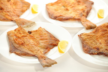 Fried sole fish on white plate with lemon