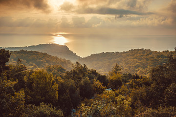 Autumn Mediterranean sea view from top of hill. Morning landscape.