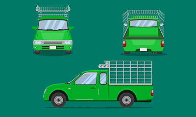 green pickup truck cab with car steel grating front side back view transport vector illustration eps10 © kisada