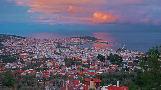 Wide time-lapse overlooking Mytilene Lesvos island sunset golden hour SHORT TIMELAPSE