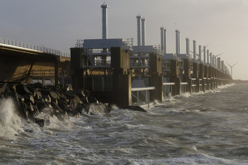 Storm surge barrier with big waves in a storm