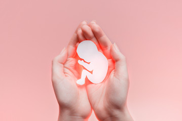 White paper embryo silhouette in woman hands. Pastel pink background with copy space. Pregnancy and abortion