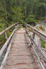 Obraz premium Among the coniferous vegetation, the impetuous waters of the river flows among the stones, in the verdant Valle Quarazza, on the slopes of the Monre Rosa in Piedmont, Italy.