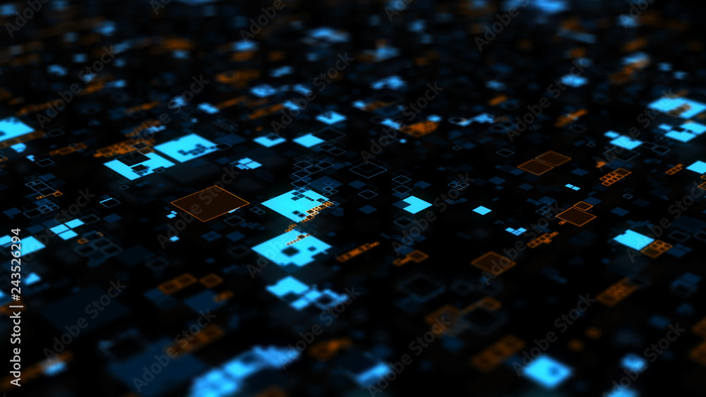 Poster ..3d render background made of repetitive square patterns. technology theme concept with random squa