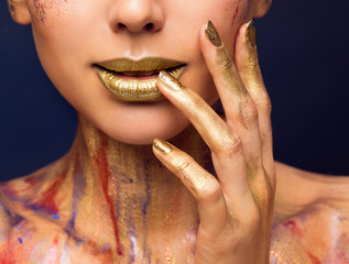 Lips Gold Color, Fashion Beauty Makeup, Woman Abstract Painted Face and Nails