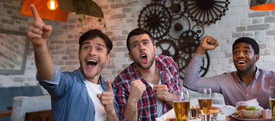 Friends watching football game on TV and drinking beer © Prostock-studio