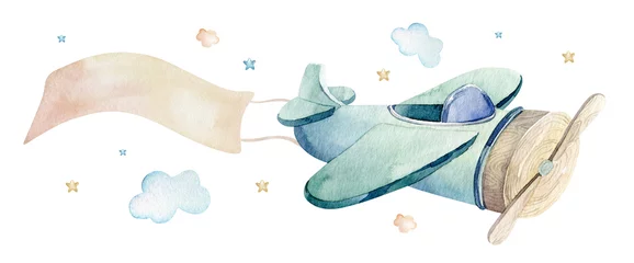 Aquarell-Hintergrundillustration einer niedlichen Cartoon- und ausgefallenen Himmelsszene mit Flugzeugen, Hubschraubern, Flugzeugen und Ballons, Wolken. Nahtloses Muster des Jungen. Es ist ein Babypartydesign © kris_art