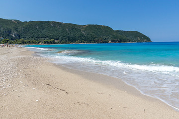 Seascape with Agios Ioanis beach with blue waters, Lefkada, Ionian Islands, Greece