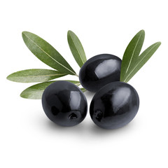 Delicious black olives with leaves, isolated on white background