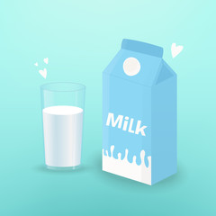 Vector illustration with glass of milk and board box of milk. Template for poster, web and advertising banner, article, promotion or design packaging.