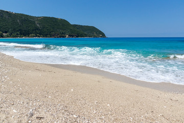 Seascape with Agios Ioanis beach with blue waters, Lefkada, Ionian Islands, Greece