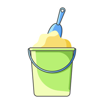 Icon baby bucket with sand and shovel. Isolated vector illustration on white background