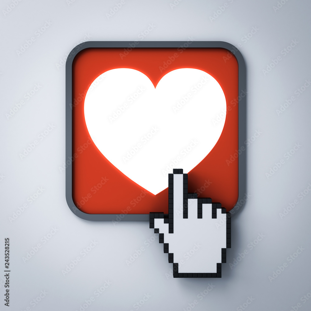 Aufkleber Love heart button with computer hand cursor isolated on dark white background 3D rendering