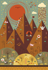 Outdoor mountain with river, sun and explorers