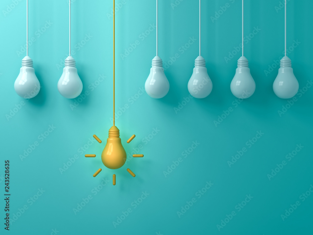 Aufkleber think different concept one hanging yellow idea light bulb standing out from white unlit bulbs on bl