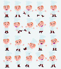 Cartoon character chef. Set with different postures, attitudes and poses, doing different activities in isolated vector illustrations.