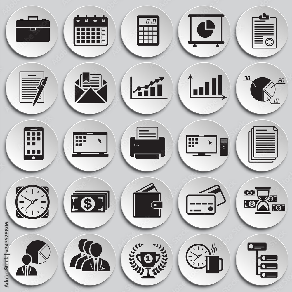 Poster business icons set on plates background for graphic and web design, modern simple vector sign. inter