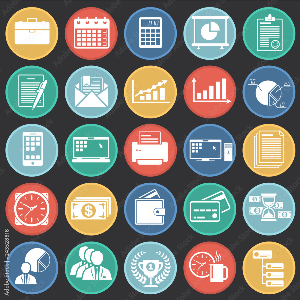Poster business icons set on color circles black background for graphic and web design, modern simple vecto