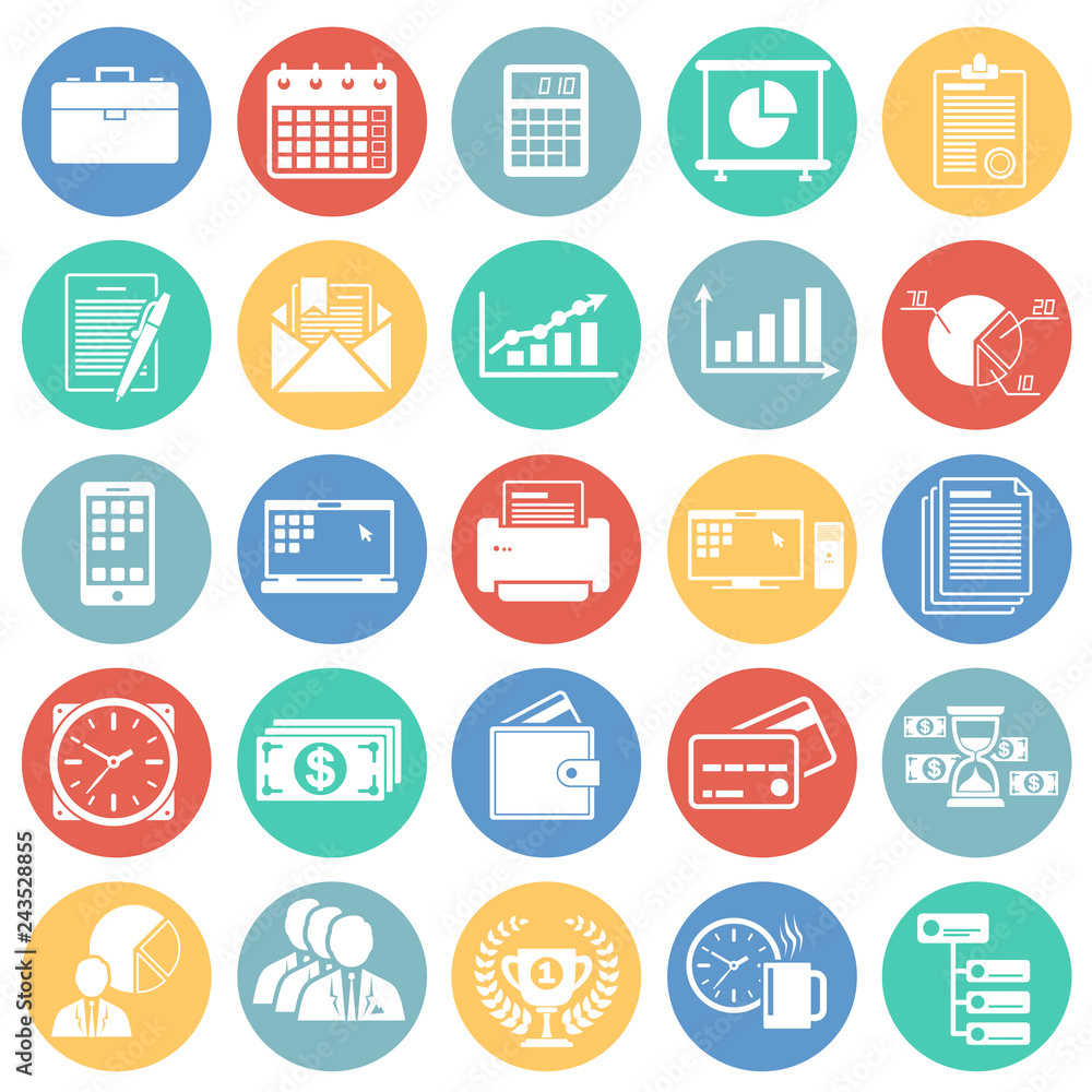 Poster business icons set on color circles background for graphic and web design, modern simple vector sign