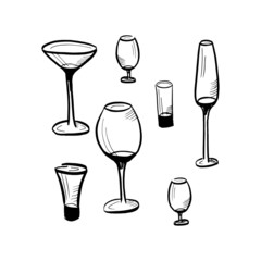 Set of drawn sketches, glass goblets isolated on white background, Vector