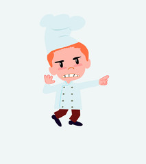 Chef points angrily to his left.