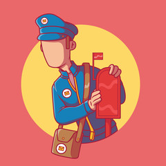 Mailman standing near a mailbox vector illustration. Mail, post office, delivery, message, contact, social media design concept