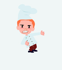Chef shows very angry something to his left.