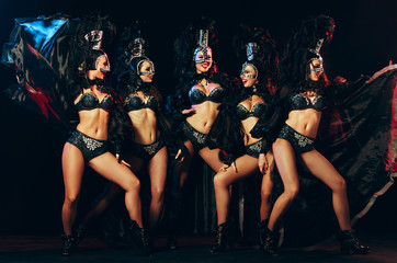 The group of young happy smiling beautiful female dancers with carnival dresses posing on black studio background