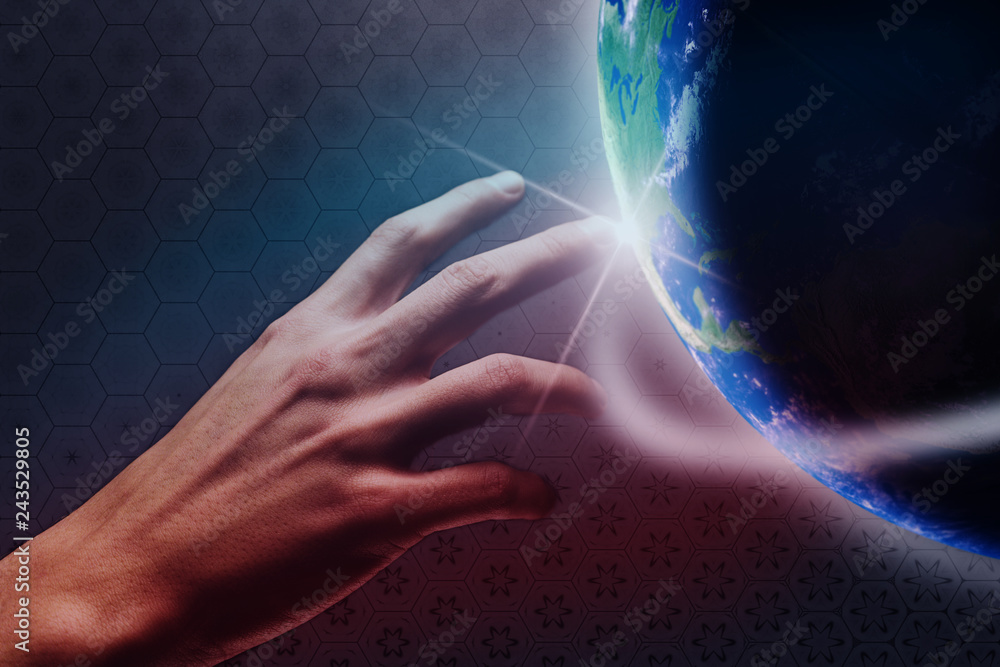 Poster Touching planet with finger. Mixed media.