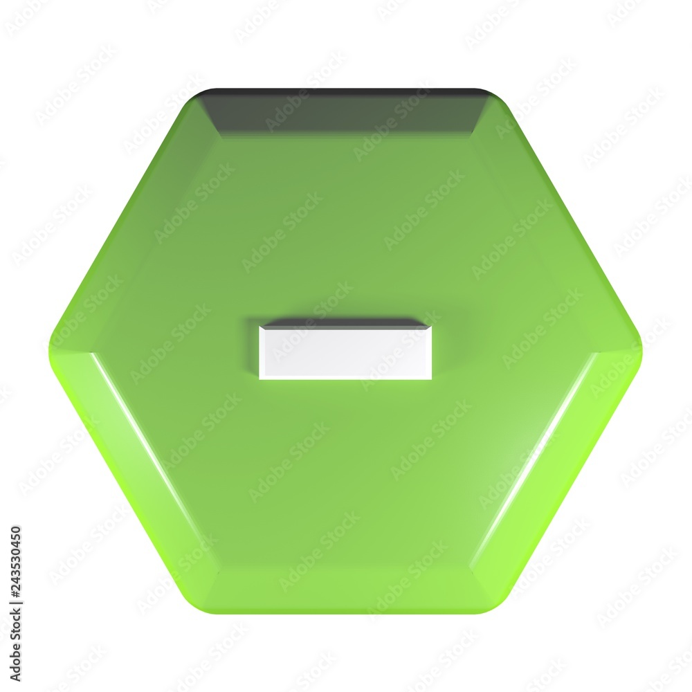 Poster green hexagonal push button with the sign - for the subtraction operation - 3d rendering illustratio
