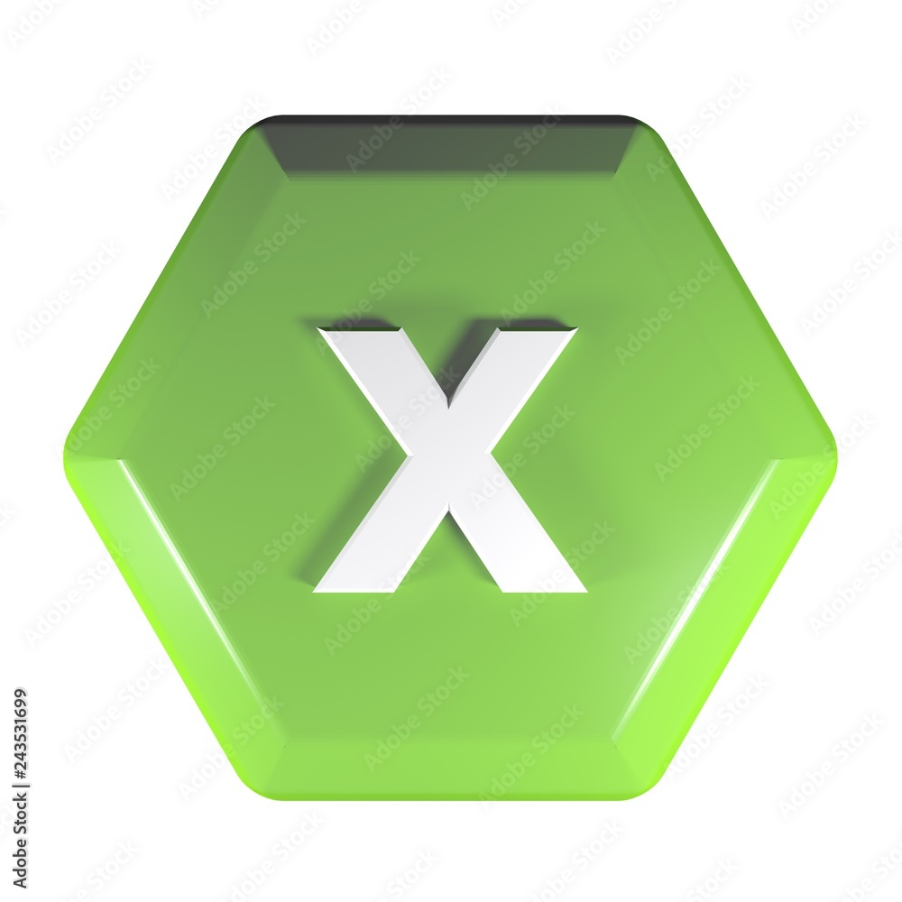 Poster green hexagonal push button with the sign x for the multiplication operation - 3d rendering illustra