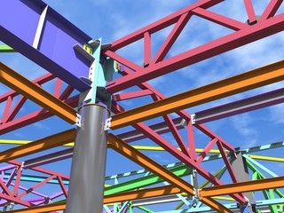 BIM model of metal structure. The building is made of metal structures. Building information model. Architectural, engineering and construction background. 3D rendering.