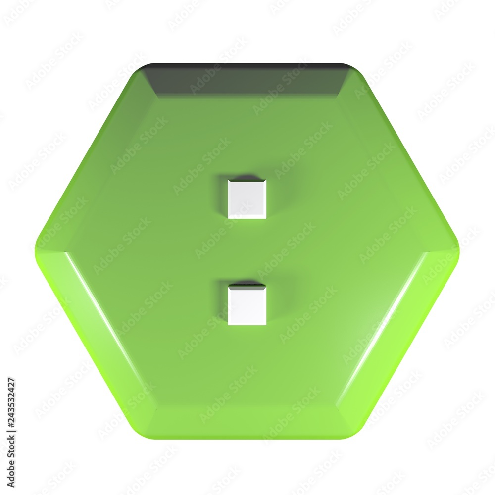 Poster green hexagonal push button with the sign : for the division operation - 3d rendering illustration